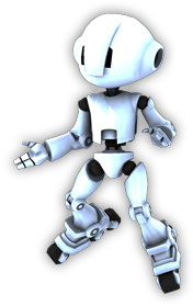 Toy Robot standing to the right of the logo with his hand out